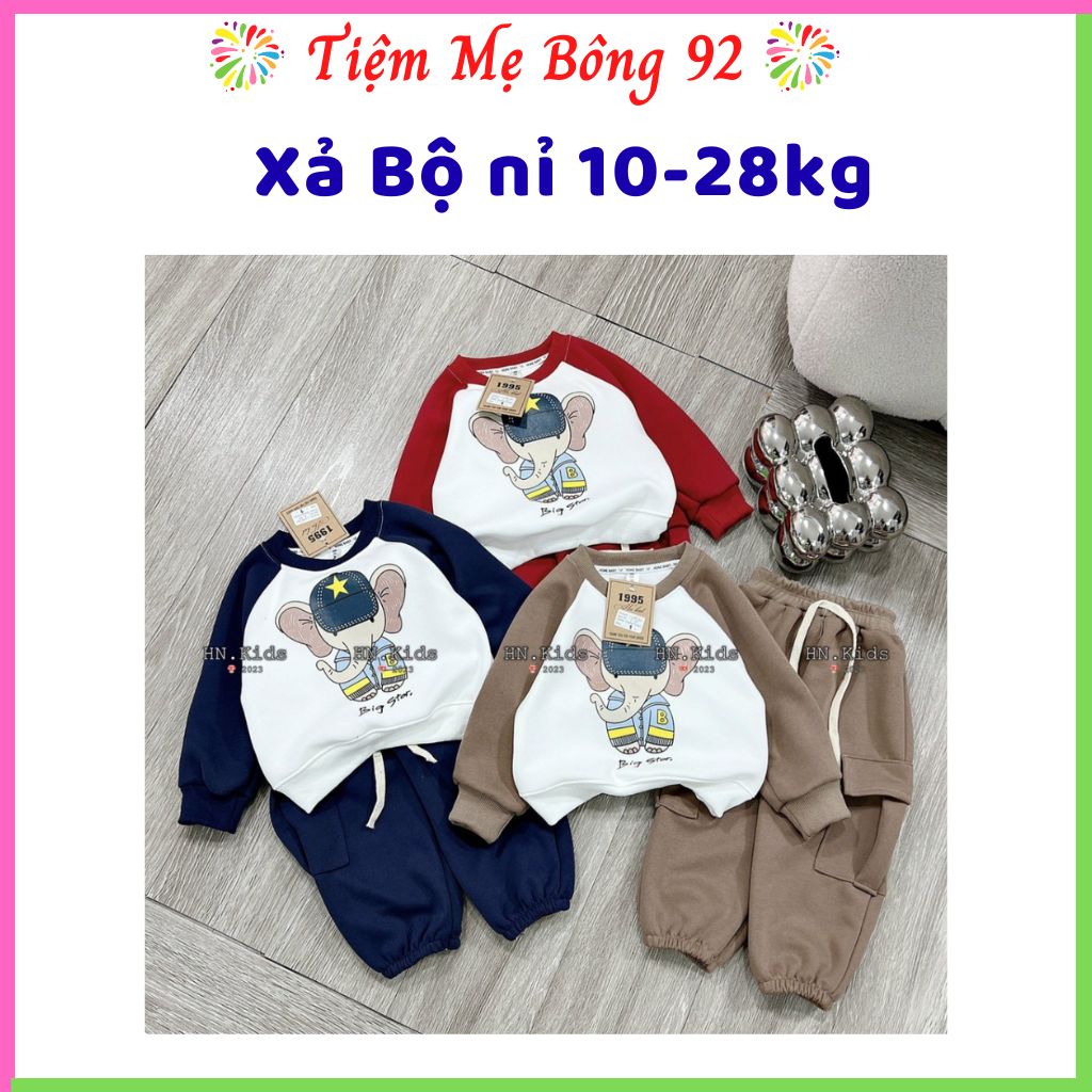 Xả 12-26kg : Bộ nỉ 2 da in hình voi bé trai thu đông TT4